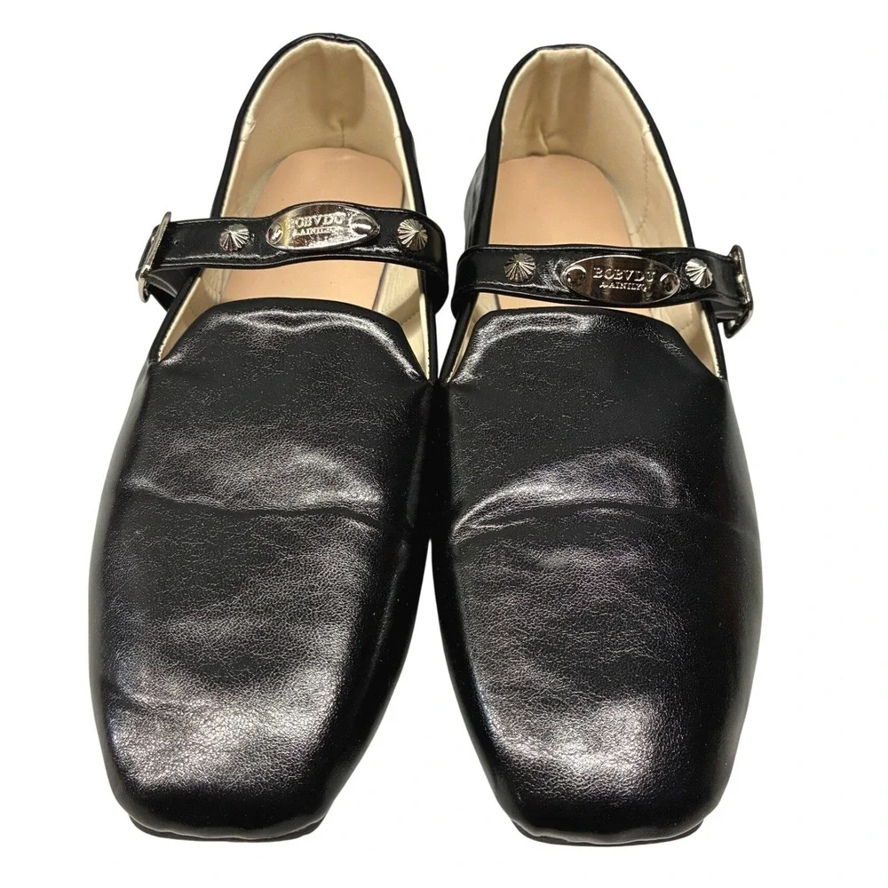 Boevdu Aainilyo Square Toe Studded Mary Jane Loafers Flats Womens 10 Black Strap